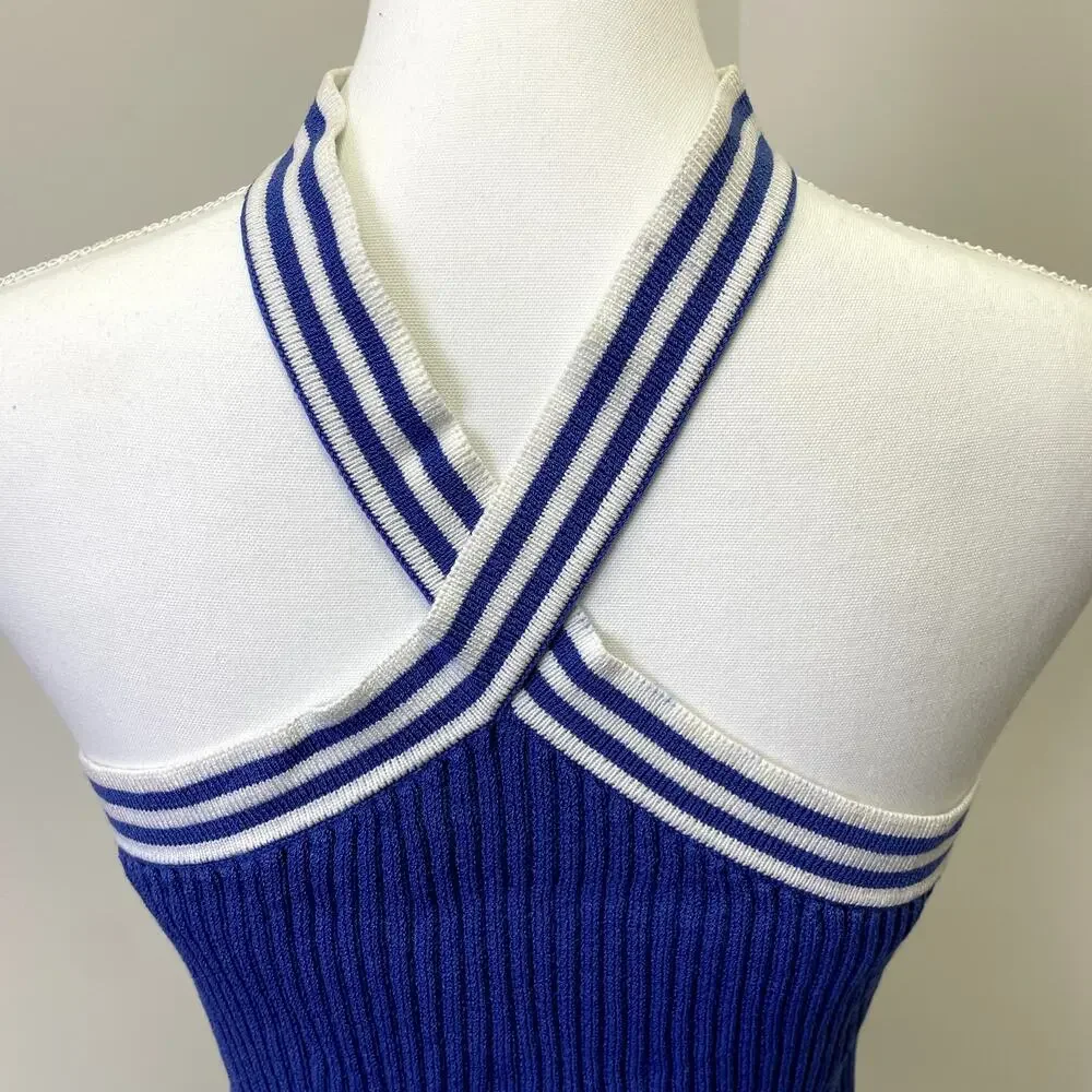St John Sport by Marie Gray Blue Ribbed Knit Halter Tank Top S Striped - Picture 6 of 16